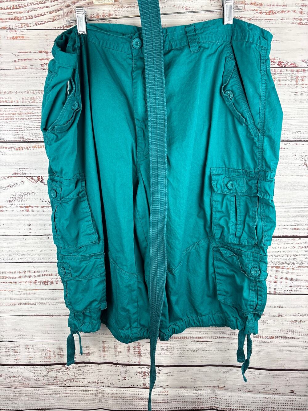 Mens Y2K PJ Mark Teal Green Cargo Shorts Baggy Streetwear Belted Cotton Size 44